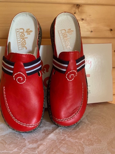 Rieker Sabot Clogs Damenschuhe Hausschuhe Pantoffel Pantolette Sandalette rot weiß mit Riemchen