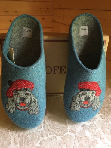Tofee Damenhausschuhe Pantoffel Latschen Socken Hüttenschuhe Hund mit Mütze hellblau