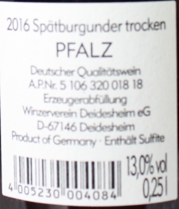Winzerverein Deidesheim Spätburgunder trocken 2016, 250ml