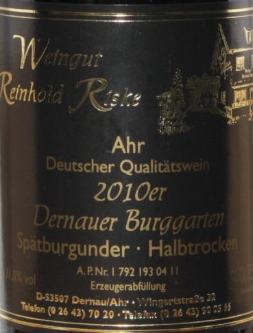 Weingut Reinhold Riske Ahr Dernauer Burggraben Spätburgunder Halbtrocken 2010