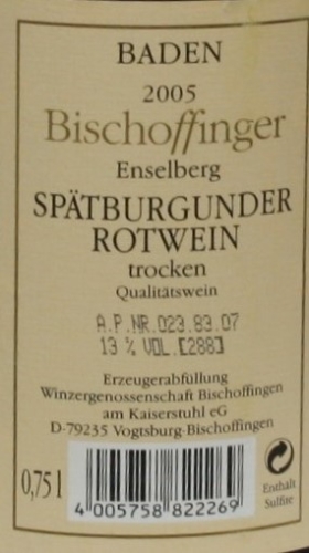 Winzergenossenschaft Bischoffinger Enselberg Spätburgunder Rotwein Kabinett Trocken, 2005