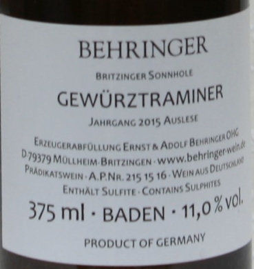 Weingut Behringer, Sonnhole Gewürztraminer Auslese edelsüß 2015, 375ml