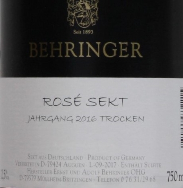 Weingut Behringer Exclusiv Rosé Sekt rocken 2016