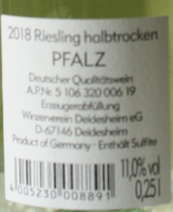 Winzerverein Deidesheim Riesling halbtrocken 2018, 250ml