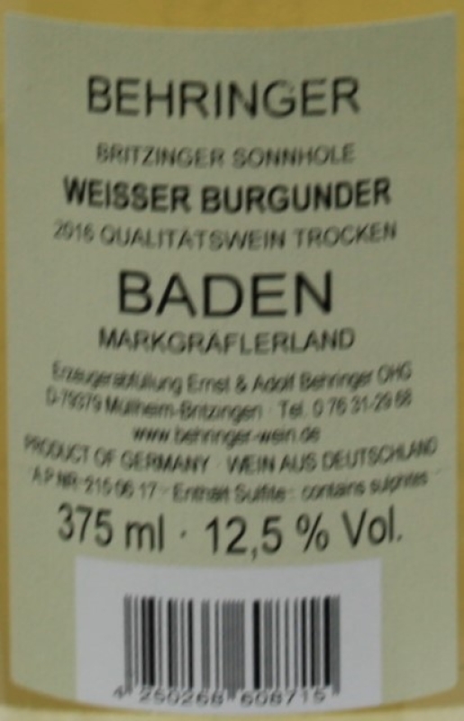 Weingut Behringer Weißer Burgunder, Britzinger Sonnhole trocken 2020,  375ml