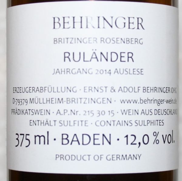 Weingut Behringer, Britzinger Rosenberg Ruländer Auslese edelsüß 2014, 375ml